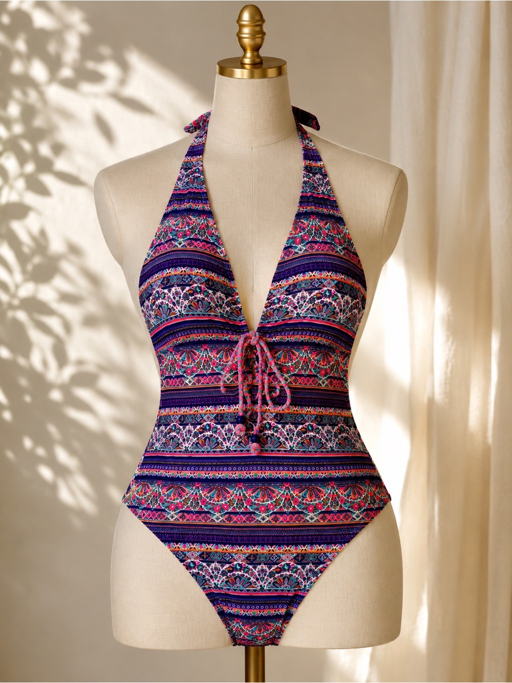 BINGO Surf  Purple Multicolor Tribal Halter One-Piece Swimsuit